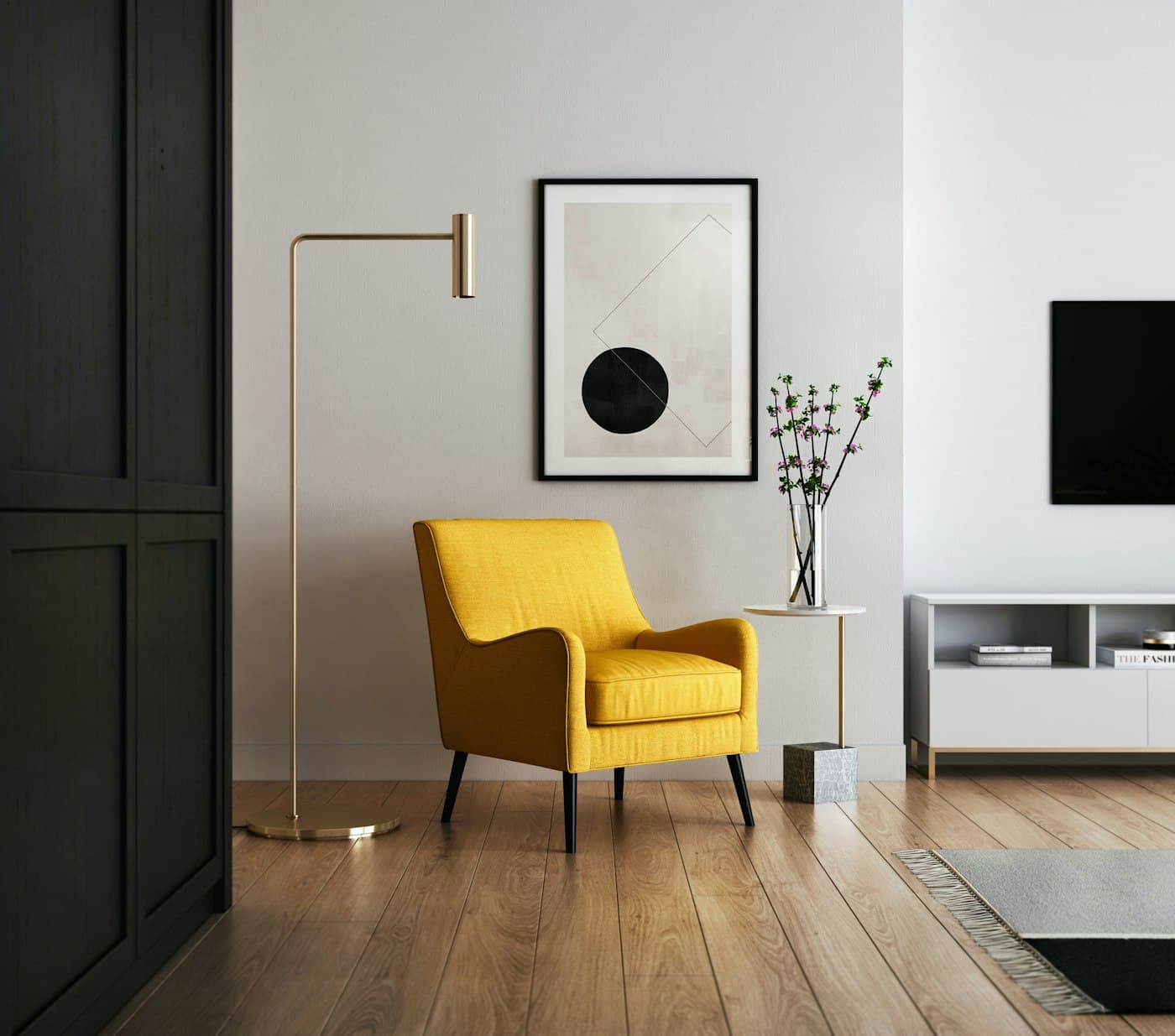 A finished, styled living room