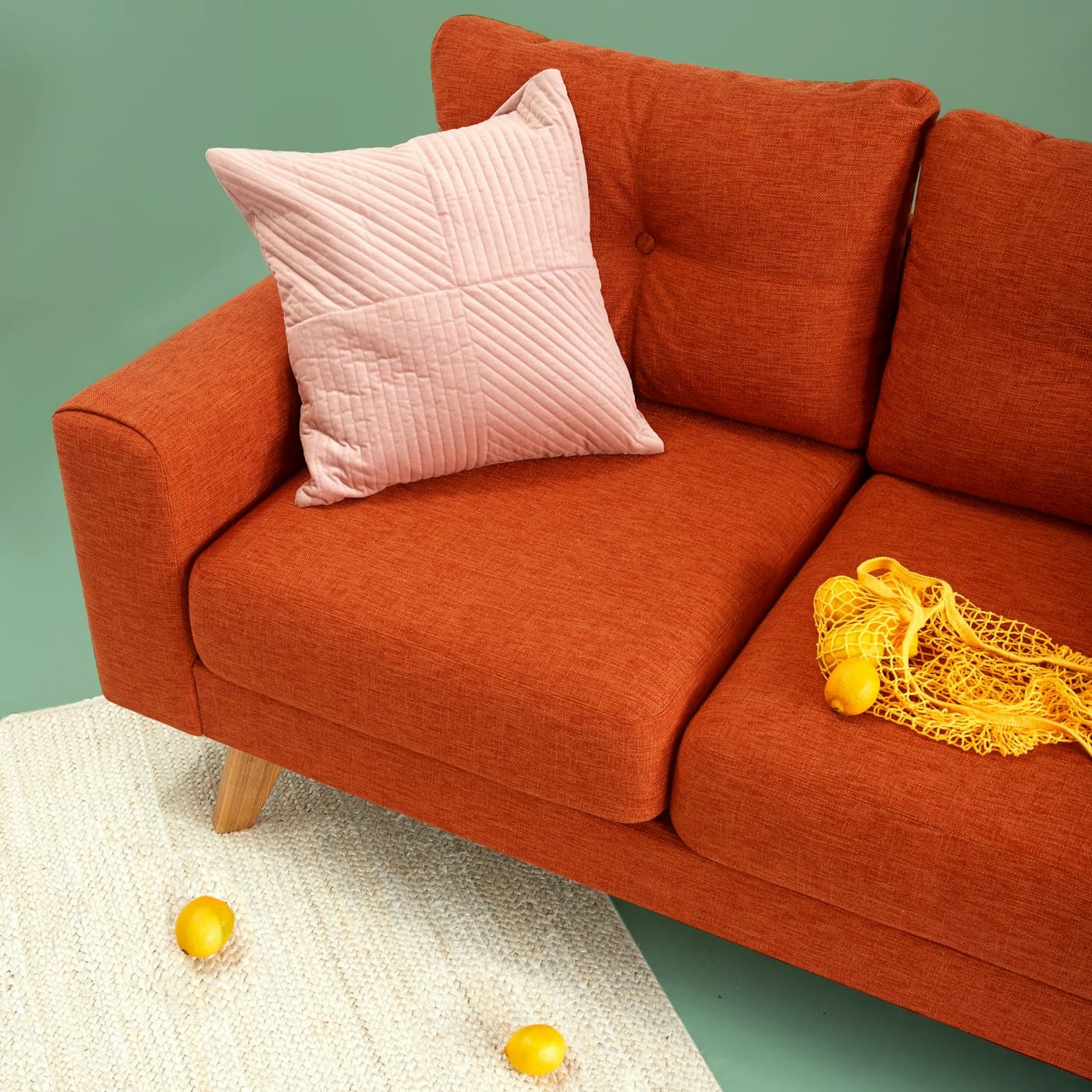 An assembled sofa set down in a finished room